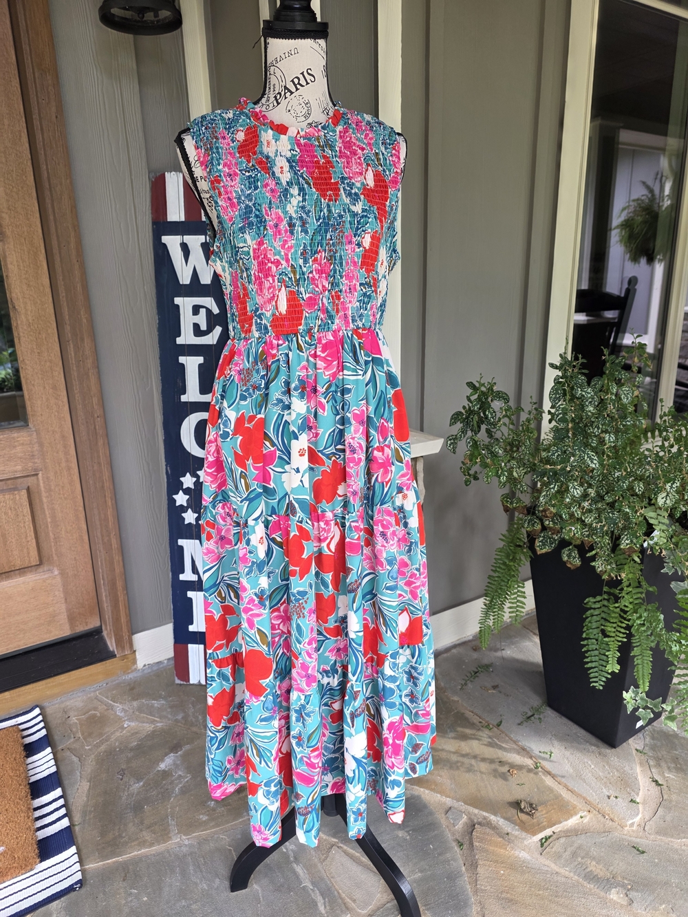 THML Smocked Maxi Dress with Red and Pink Floral Print-NWT